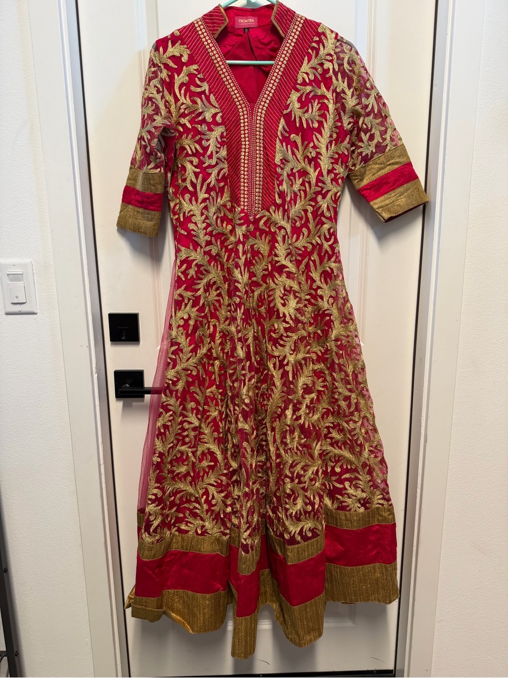 Hot pink and Gold Embroidered Anarkali Maxi Dress by Frontier Heritage
